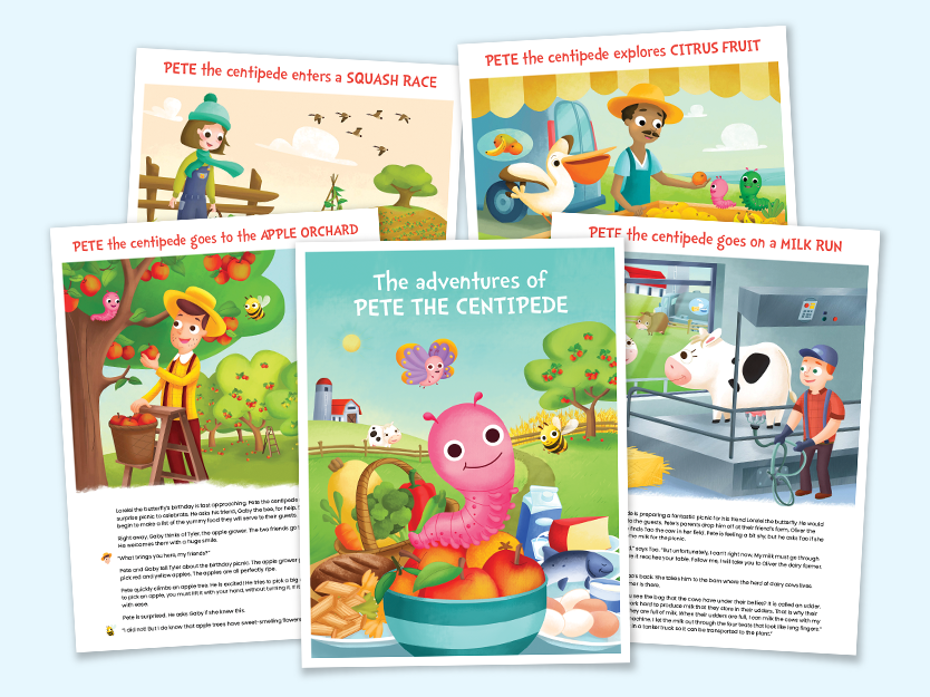 The adventures of Pete the centipede - image with the 4 front covers for the short stories