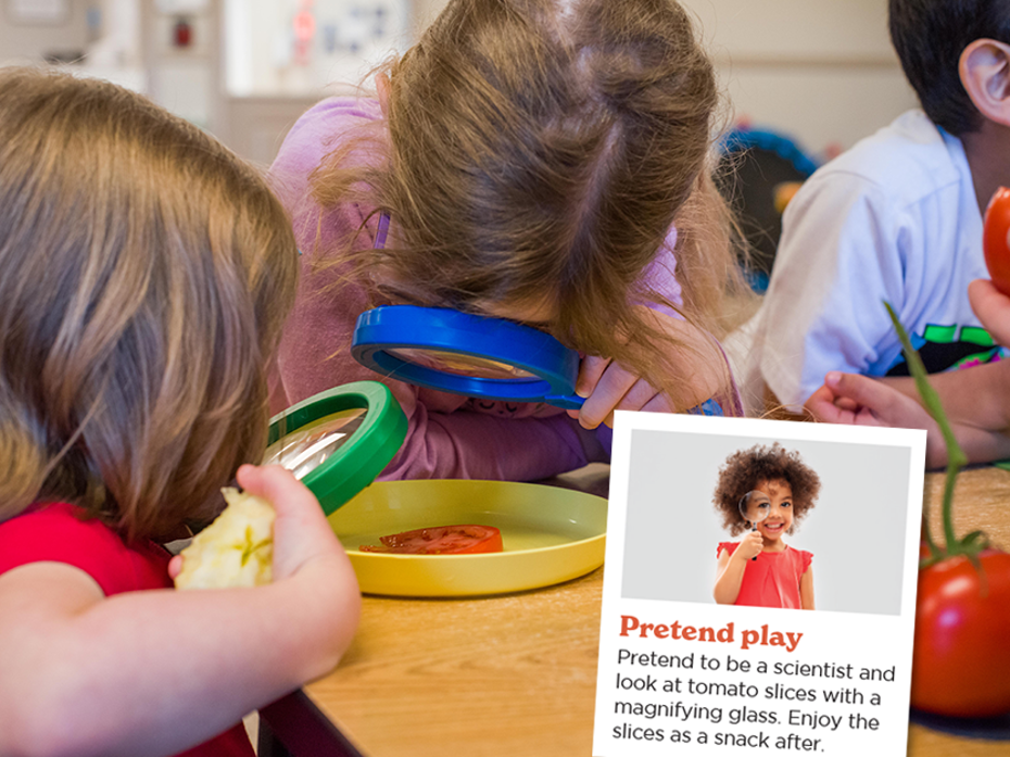 Fun with food sheets - activity card - kids looking at a tomato with a magnifying glass 