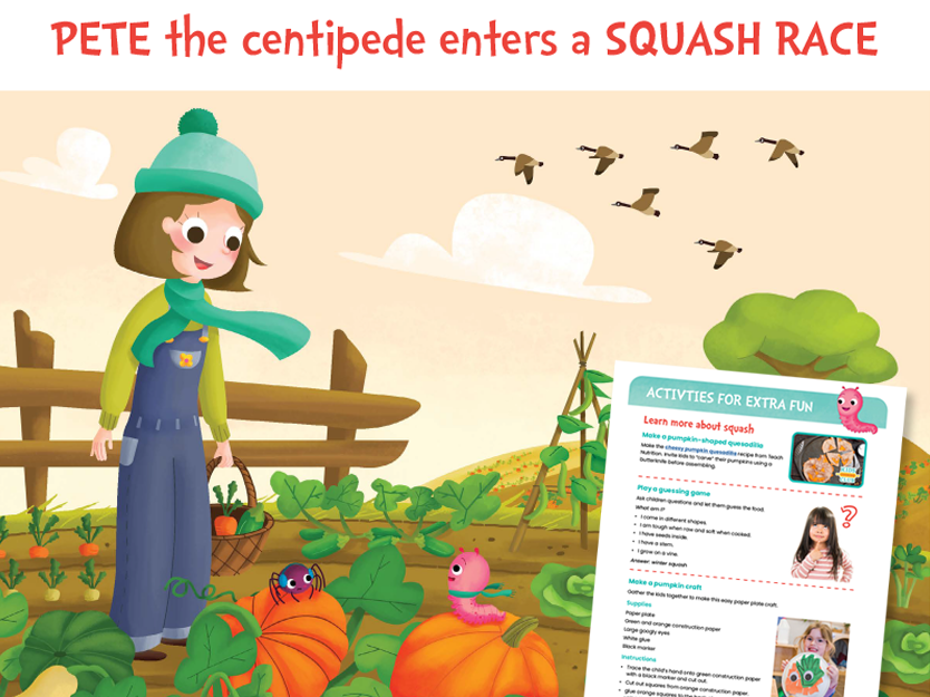Pete the centipede enters a squash race- illustration of a lady in the garden with different squashes and Pet the centipede